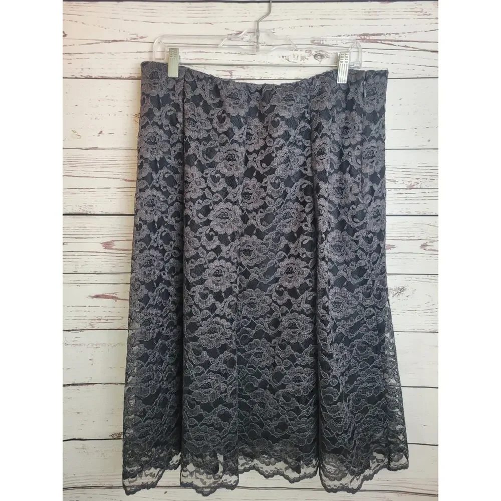 Vtg‎ Laura Ashley A-Line Skirt Black Floral Lace Overlay Casual Plus Size 16W